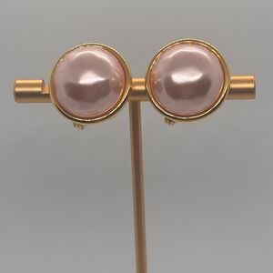 Monet Gold Tone Round Pink Faux Pearl Clip On Earrings